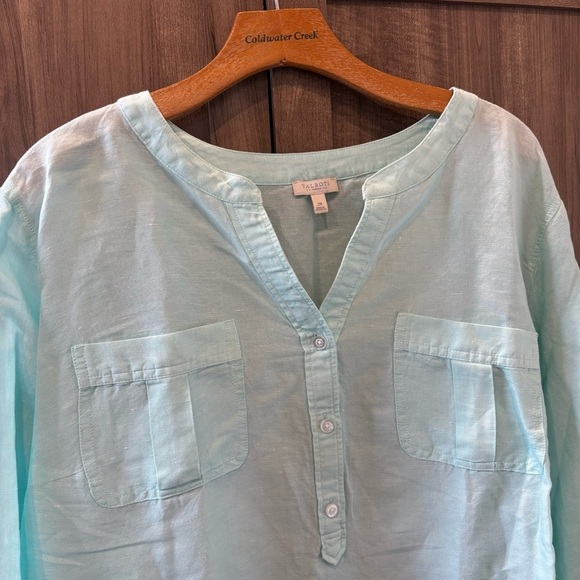 Talbots Woman 2X Linen Blend Popover top Henley Long Roll Tab Sleeves Teal Green - Picture 5 of 12